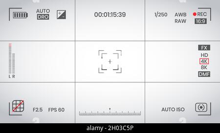 Camera viewfinder video or photo frame recorder flat style design vector illustration. Digital camera viewfinder with exposure settings and focusing g Stock Vector
