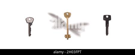 Three apartment keys on white background. One with shadow of wings. Flying Keys. Real estate concept. Stock Photo