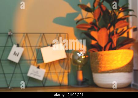 Blurred image. Black moodboard with postcards and reminders against green wall with plant pot. Stock Photo