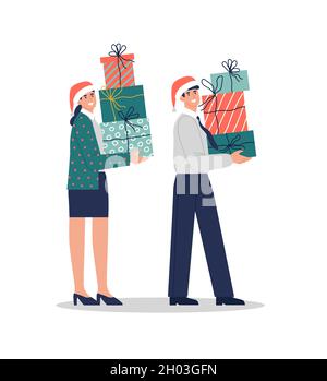 Set of christmas business people cartoon characters holding big gift box pile on isolated background. Office man and woman carrying presents. Stock Vector