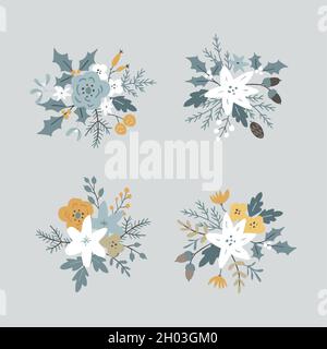 Christmas set of floral bouquets. Flowers, poinsettia and pine cones. Spruce, fir tree branches, leaves and holly berries isolated on blue background Stock Vector