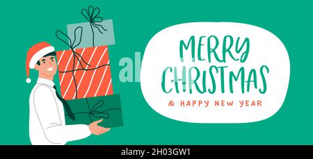 Merry Christmas Happy New Year web banner illustration of business man with santa claus hat holding big gift box pile. Winter holiday celebration desi Stock Vector