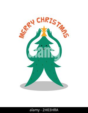 Merry Christmas greeting card illustration of cute xmas pine tree cartoon character with star ornament in simple children doodle style. Happy holiday Stock Vector