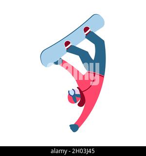 Snowboarder performing a trick jump isolated on white background. Flat Art Vector Illustration Stock Vector