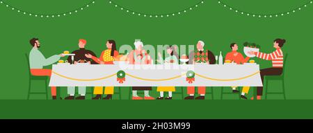 Big family eating together at dinner table on Christmas holiday celebration. Happy people in xmas party event. Modern flat cartoon illustration includ Stock Vector