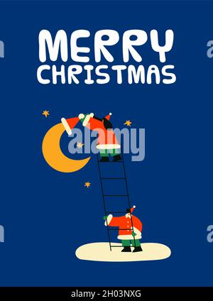 Merry Christmas greeting card illustration of funny children in santa claus costume on xmas holiday night eve. Cute cartoon doodle design for winter c Stock Vector