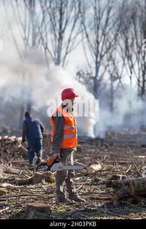 Mature man lumberjack standing in forest and holding chainsaw Stock Photo