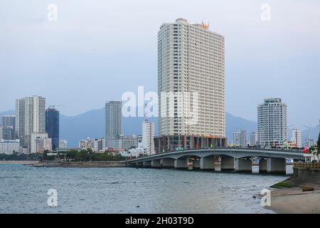 Nha Trang City, Vietnam - Mar 31, 2021: View of Tran Phu bridge at Cai river mouth in Nha Trang, Vietnam Stock Photo