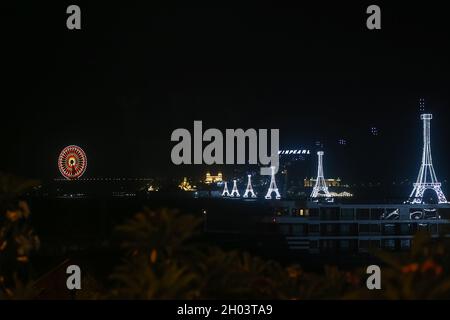 Nha Trang City, Vietnam - Sep 17, 2016: Night scene of one of the world's longest cable cars overseas leading to Vinpearl Amusement Park, Nha Trang Stock Photo