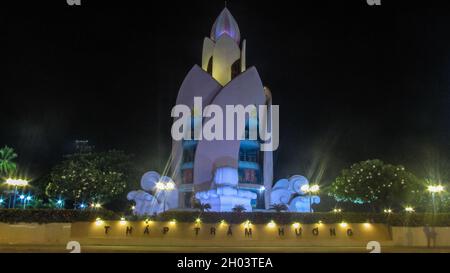 Nha Trang City, Vietnam - Apr 17, 2017: Night scene of Lotus Tower or Thap Tram Huong in the centre of Nha Trang City Stock Photo