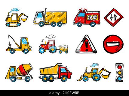 Child's hand draw car element.Funny colored cartoon Doodle.A set of various machines in the vector.Design template,illustration. Stock Vector
