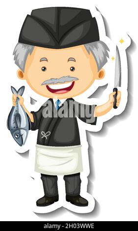 Sticker template with a chef man holds fish and knife isolated illustration Stock Vector