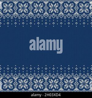 Knitted background with copyspace. Blue and white sweater pattern for Christmas, New Year or winter design. Traditional scandinavian border ornament Stock Vector