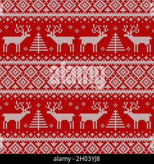 Knitted seamless pattern with deers and trees. Red and white sweater background for Christmas, New Year or winter design. Scandinavian vector ornament Stock Vector