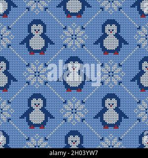 Knitted seamless pattern with penguins and scandinavian ornament. Winter sweater background. Vector illustration. Stock Vector