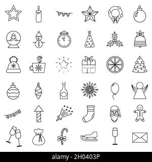 vector cartoon set of objects and symbols on the Merry Christmas theme. Cute vector icons, hat, snowflakes, gift, snowman. Stock Vector