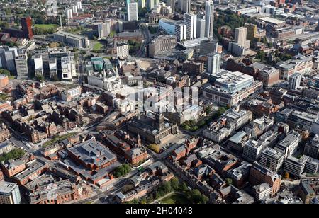 aerial view of Leeds city centre from the south west with the Town Hall prominent mid-centre Stock Photo