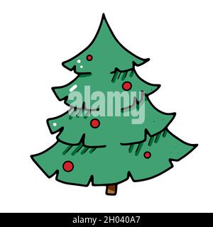 Christmas tree decorated with festive balls in doodle style Stock Vector