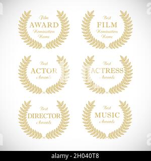 Set of movie awards. Isolated abstract graphic design template. Elegant olive emblems. Luxury stroke frames. Celebration success decoration. Film indu Stock Vector