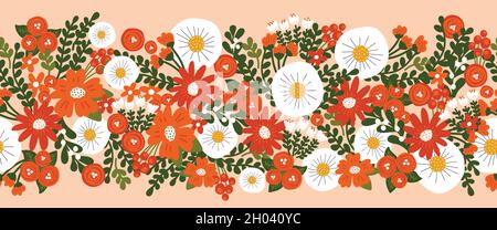 Seamless Christmas flower vector border hand drawn. Decorative repeating floral Winter holiday design for Christmas decoration, banners, ribbons Stock Vector
