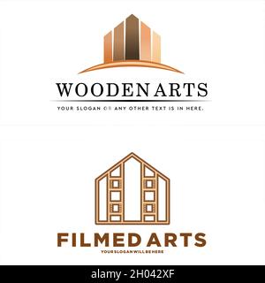 Flat line art home wooden film logo design Stock Vector