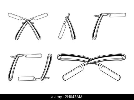 Straight razor set styles vector detailed monochrome illustration isolated on white background. Stock Vector