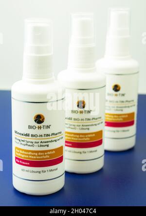 Hamburg, Germany - August 21  2021:  Bio-H-Tin Pharma Minoxidil Spray Stock Photo