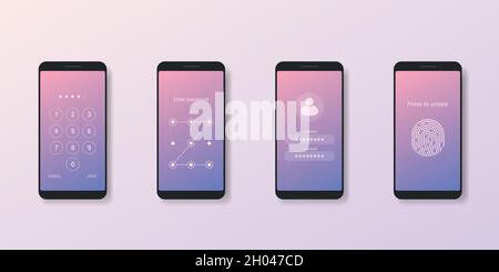 Set of unlock and login screens on a mobile phone. Numeric code, password and username with fingerprint - vector Stock Vector