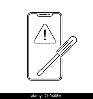 Smartphone repair icon. Screwdriver on mobile icon. Black linear icon. Vector illustration. Stock Vector