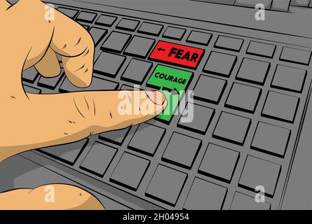 Courage and fear text with arrows on computer keyboard. Man push keypad on keyboard. Comic book style concept. Stock Vector