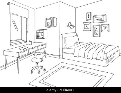 Children room graphic black white home interior sketch illustration vector Stock Vector