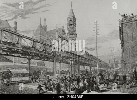 History of the United States. New York. Inauguration of the elevated railway over streets and squares, on April 29, 1878. Engraving by E. Alba. La Ilustración Española y Americana, 1878. Stock Photo