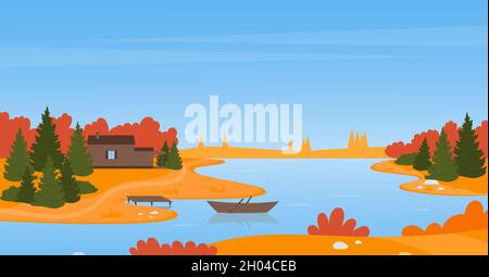 River rural autumn landscape with wooden house in forest vector illustration. Cartoon fishing boat in calm river waters, modern farmhouse cottage among orange red autumn trees and pines background Stock Vector