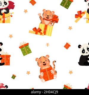 Seamless patterns. Cute panda and tiger with big gift on white background with Christmas decor. Vector illustration. For the New Year decor and design Stock Vector