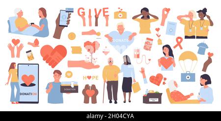 Charity, social help set, voluntary service foundation concept vector illustration. Cartoon volunteers donate, care elderly or disabled people with troubles, humanitarian donation isolated on white Stock Vector