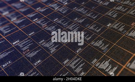 Futuristic hi tech graphic interface with digital code and data. Abstract chart of automatically programming code, artificial intelligence concept. Stock Photo