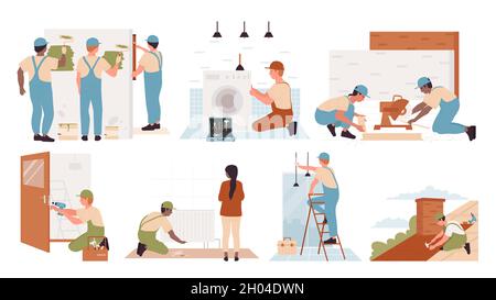 Repairman at work repair service set vector illustration. Cartoon worker electrician character working, handyman technician in helmets repairing equipment at home, painting wall isolated on white Stock Vector