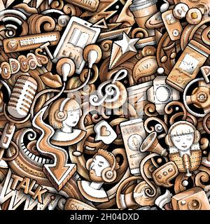 Cartoon doodles Audio content seamless pattern. Stock Vector