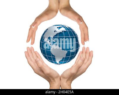 Hands of young european man and lady hold globe, isolated on white background. Caring and protecting environment, Earth day, saving planet together, t Stock Photo