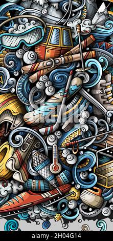 Cartoon cute colorful vector hand drawn doodles Winter sports banner Stock Vector