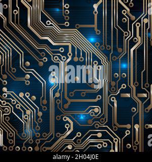Circuit board background. Technology concept, dark background. Analog circuit. Electronic computer technology, digital chip. Banner, presentation. Spa Stock Vector