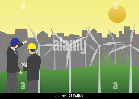 Businessman meeting for wind turbine energy project at wind farm with silhouette of city in background. Vector and illustration design. Stock Vector
