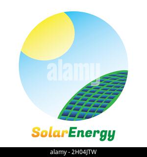 Solar energy logo. Green energy concept. Solar panel with Sun in circle. Vector and illustration design. Stock Vector