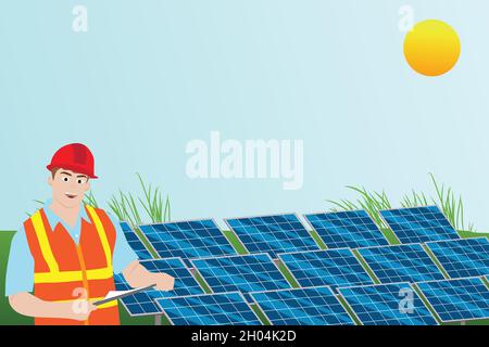 Technician check solar panels at the solar station. Photovoltaic module. Vector and illustration design. Stock Vector