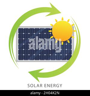 Solar energy logo. Green energy concept. Solar panel with Sun and recycling arrow flat design symbol. Vector and illustration design. Stock Vector