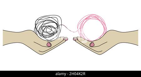 Tangled and untangled tangle. Help of coach, psychologist. Business coaching, mentoring. Communication icon. Vector concept illustration Stock Vector