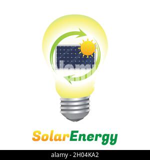 Solar energy logo. Green energy concept. Light bulb with solar panel inside flat design symbol. Vector and illustration design. Stock Vector
