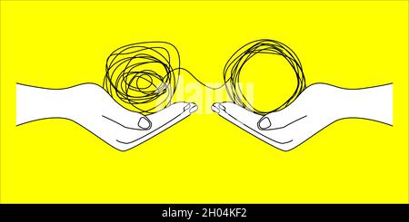 Tangled and untangled tangle. Help of coach, psychologist. Business coaching, mentoring. Communication icon. Vector concept illustration Stock Vector