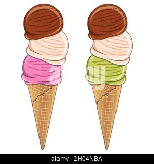 Set of tasty ice cream, three balls of different colors. Vector color illustration. Isolated objects on a white background. Stock Vector