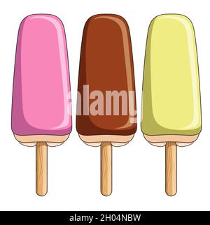 Set the color of ice cream in the glaze on a stick. Isolated vector objects on white background. Stock Vector